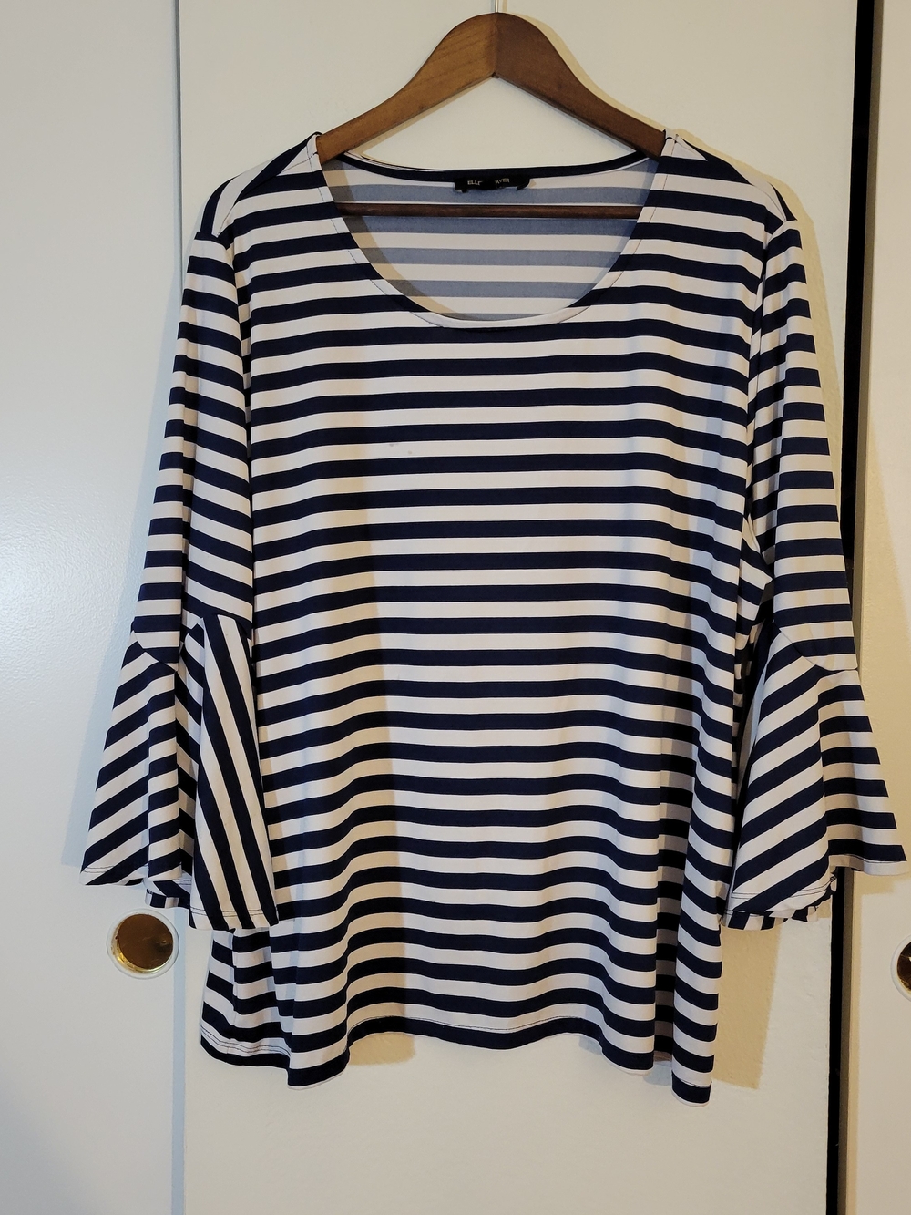 Ellen Weaver Striped Navy and White Bell-Sleeve Women’s Top